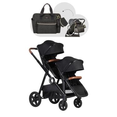 Imagem de Carrinho De Bebe Gemeos Go 2 Black E Bolsa Maternidade Luxo - Kikka Boo