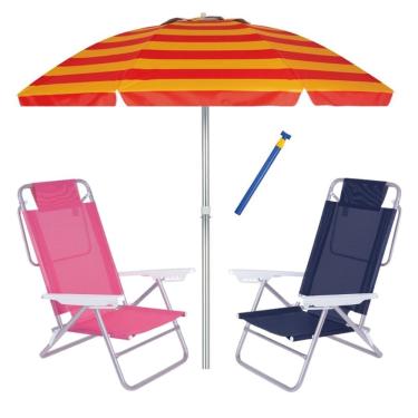 Imagem de Kit Praia 2 Cadeira Summer Reclinável 6 Pos + Guarda Sol 2,4m + Saca Areia - Mor