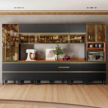 Imagem de Cozinha Completa Proença 12 Portas 10 Gavetas 100% Mdf com Vidro Dp3702rf Nogueira/Carbono Prime Tx - Demobile