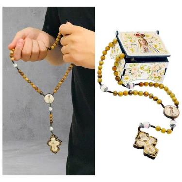 Imagem de Terço Rosário Nossa Senhora de Fátima Madeira Caixinha Estampada - FOR
