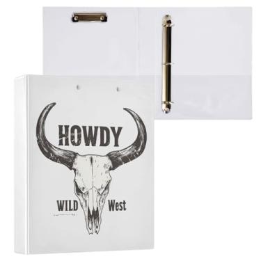Imagem de Fichário de 3 anéis Western Howdy Cow Skull Grunge decorativo de 3,8 cm com prancheta e 3 bolsos transparentes, comporta 200 folhas de papel tamanho A4 fichários à prova d'água para escola, escritório