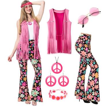 Imagem de MOLLDAN Conjunto de calça rodada retrô hippie para festa de Halloween dos anos 60 e 70 anos 60 anos, Marrom-01, M