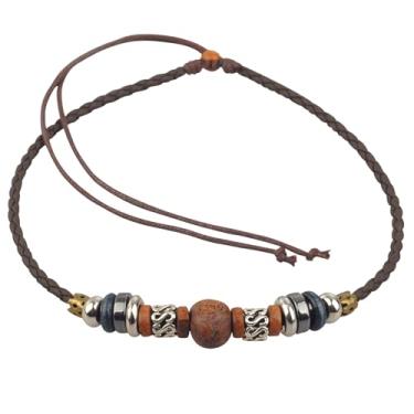 Imagem de Ancient Tribe Colar gargantilha tribal Boho com contas de madeira e gravadas, cordão de couro trançado, ajustável, 38 cm, One Size, Couro sintético, Sem Pedra Preciosa