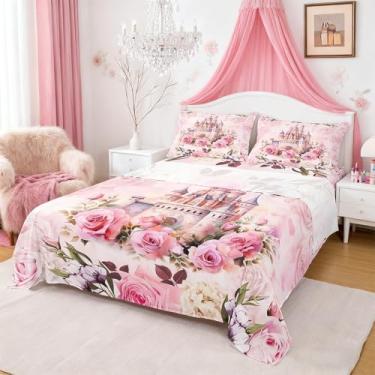 Imagem de Manfei Jogo de lençol para meninas, castelo de princesa, sonhador, flores rosa rosa, para quarto de adolescentes, borboleta, floral (lençol de cima e lençol com elástico com 2 fronhas)