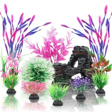 Imagem de QUOZUO Acessórios para aquário de peixes, plantas de plástico para aquário e decoração de rocha de caverna, conjunto de 10 peças, plantas artificiais de aquário pequenas e grandes com pedra caverna