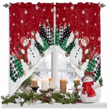 Imagem de Cortinas de Natal de boneco de neve para decoração de inverno, árvore de Natal, flocos de neve, preto, xadrez, bolso para varão, cortinas de cozinha recortadas, tratamento de janela, sanefas para sala