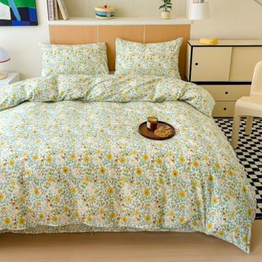 Imagem de BlueBlue Conjunto de capa de edredom infantil, conjunto de cama 100% algodão, estampa de desenho animado, 1 capa de edredom e 2 fronhas (entre flores, solteiro (168 x 86 pol))