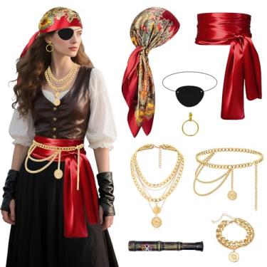 Imagem de 8 Pcs Pirate Accessories for Women Men Pirate Costume Accessorie, Bandanas Head Scarf Eye Patch Sash Necklace Bracelet Chain Belt Earring Telescope for Halloween Cosplay Party