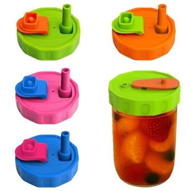 Imagem de Pacote com 4 tampas de silicone de boca larga com canudo para bola, Kerr e mais, tampas de pote de conserva de grau alimentício, tampas de armazenamento para pedreiro, à prova de vazamento