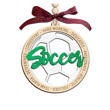 Imagem de Ornamento de futebol - Enfeite de madeira com tema esportivo de 2 camadas - Decoração de árvore de Natal redonda destacando palavras motivacionais para jogadores e celebrações de férias