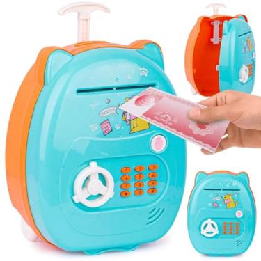 Imagem de Mini Cofre Digital Eletrônico Automático Nota Moeda Infantil Com Rodinha Maleta (Azul)