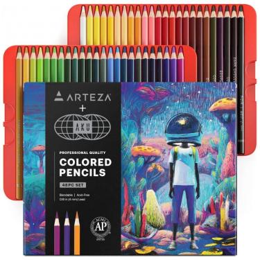 Imagem de Conjunto de 48 lápis de cor à base de cera ARTEZA AKU World Edition, pré-apontados, ferramentas de mistura suave em caixa colecionável para