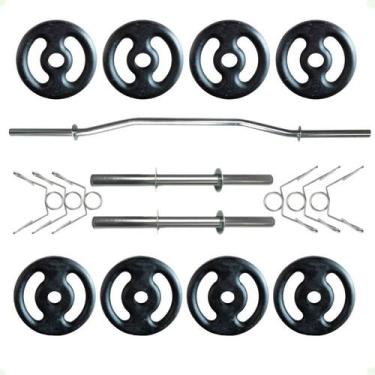 Imagem de Kit 20 Kg de Anilhas Ferro Fundido + 02 Barras de 40cm + Barra W - 2M 