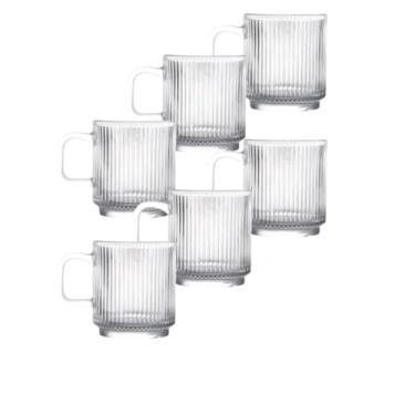 Imagem de 06 Xícaras De Café Vidro Canecas Canelada Grande Com Alça Graffiato Clássicas 350 Ml Frizado Chá Transparente Bebidas Quentes Frias Conjunto De Copos Americano Cappuccino Ripado Friso