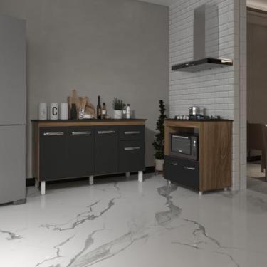 Imagem de Mobília Decor, Armário Gabinete Camila 138 cm com Tampo Tampão e Balcão Evelyn Para cooktop 4 Bocas Savana e Preto