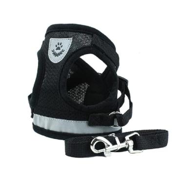 Imagem de Peitoral macio para cães e gatos com coleira ajustável sem puxão, malha respirável, conjunto de coleira refletiva para caminhada ao ar livre (preto, P)