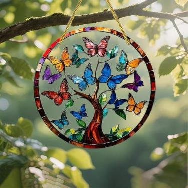 Imagem de Acrílico colorido Suncatcher, borboletas na árvore da vida, janela suspensa de 18 cm, decoração de arte de parede com design de vitral impresso, ideia de presente e ornamento de jardim, uso interno e