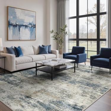 Imagem de Tapetes de área 22 x 30 cm para sala de estar, quarto, abstrato, lavável à máquina, grande, azul-marinho, bege, tapete macio, tapete de piso de pilha baixa com suporte antiderrapante para sala de