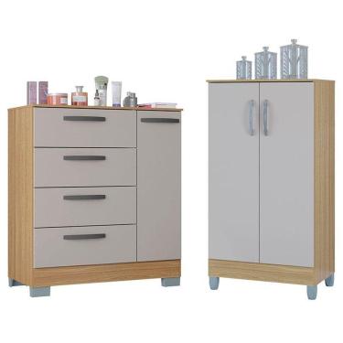 Imagem de Cômoda 868 4 Gavetas E 1 Porta Com Armário Multiuso 2 Portas Pequeno Damasco Off White - Poquema