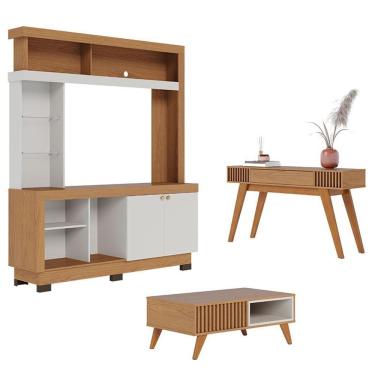 Imagem de Estante Home Theater Valença Com Mesa De Centro Jeri Freijó Off White E Aparador Rivier...