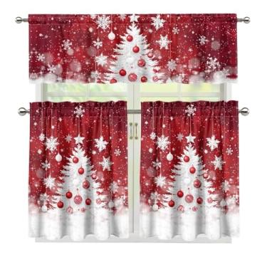 Imagem de YUVAMAGIMO Conjunto de 3 peças de cortinas e sanefas de cozinha de pinheiro de Natal, 91 cm de comprimento, conjunto de cortinas de janela de fazenda com bolso para varão, para pia de cozinha