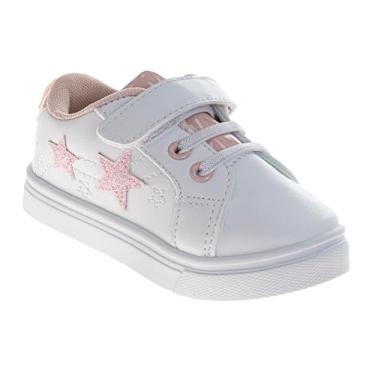 Imagem de Josmo Tênis feminino elegante bonito casual com sola macia ajustável alça de e design de estrela com glitter para meninas, tamanho infantil e crianças pequenas, Branco, 19