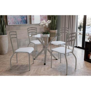 Imagem de Conjunto: Mesa Sala Jantar Volga C- Tampo De Vidro 95cm E 4 Cadeiras Portugal Niquel - Courano Branco - Kappesberg