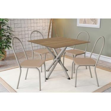 Imagem de Conjunto: Mesa Sala Jantar Volga C- Tampo De Madeira 90cm E 4 Cadeiras Noruega Niquel-nogueira - Bege - Kappesberg