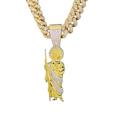 Imagem de GuoShuang Corrente feminina com pingente de santo gelado, corrente cubana de 45,7 cm, colar hip hop Miami para mulheres