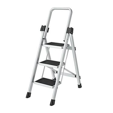 Imagem de Escadas dobráveis Escadas de 1 m Escadas de 3 degraus Banqueta dobrável com apoio de braço dobrável de 180° Escadas de metal para casa e escritório Escada resistente (Cor: Vermelho) (Preto)