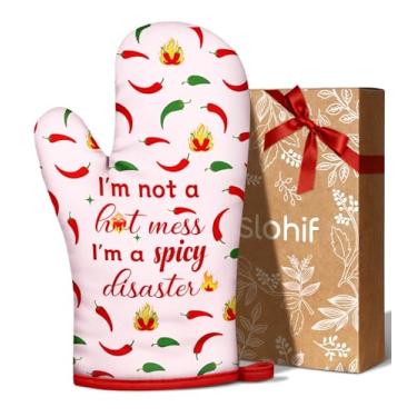 Imagem de Slohif Luva de forno engraçada resistente ao calor para mulheres - 1 pacote com 1 luva de forno de cozinha rosa fofa novidade legal com 100% algodão para assar e cozinhar acessórios (pimenta quente)