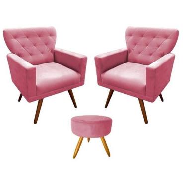 Imagem de Kit 2 Poltronas Decorativa Aurora + 1 Puff Redondo Suede Rosa Pés Made