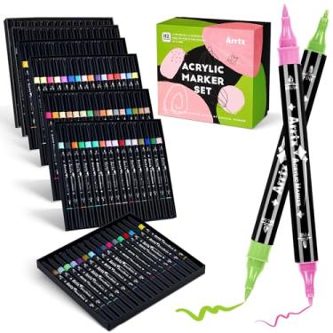 Imagem de Arrtx Marcadores de acrílico de ponta dupla, 112 cores, pincel e ponta fina, marcadores de desenho para colorir para pintura rupestre, madeira, tela, vidro, pedra, plástico, material de arte em tecido