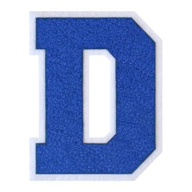Imagem de 1 Patch de letra de chenille azul de 15 cm com borda branca – adesivos do alfabeto para roupas, jaquetas, mochilas, chapéus para decoração personalizada, nome personalizado e artesanato. (D)