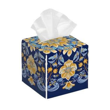 Imagem de Porta-lenços de couro quadrado à prova d'água mandala flor étnica azul facial organizador de papel com cinto inferior cubo estojo de tecido para mesa banheiro escritório mesa carro decorativo