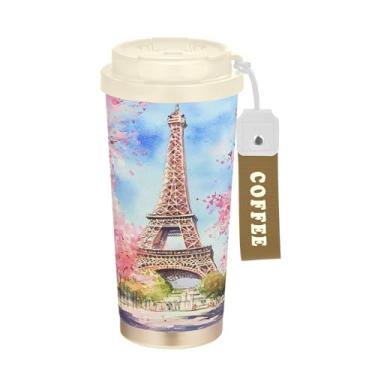 Imagem de SEHANY Caneca de viagem Torre de Paris em aquarela de 500 ml Copos de café reutilizáveis revestidos de cerâmica com tampa à prova de vazamento, parede dupla, isolamento a vácuo, copo de café de aço