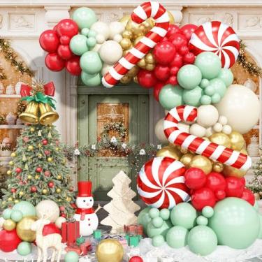 Imagem de Balões de Natal arco vermelho verde branco guirlanda de balões de ouro com muleta de bengala doce balão de alumínio decorações de festa de aniversário balão pirulito metálico bege látex hélio