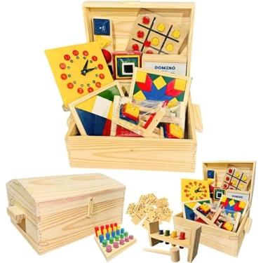 Imagem de Baú Pedagógico com 10 Jogos Educativos Brinquedos de Madeira Kit Brinquedos Educativos Completo Escola Lazer Creche - Original