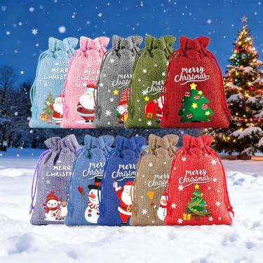 Imagem de Sacos de presente de Natal com cordão de linho colorido – 10 peças pequenas de estopa para doces, biscoitos e guloseimas para festa de Natal, lembrancinhas de férias, embalagem de presente