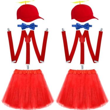 Imagem de Hillban 8 peças de chapéu de hélice arco-íris tule, saia tutu, helicóptero, gravata borboleta e suspensórios nas costas para mulheres, fantasia, Vermelho, M