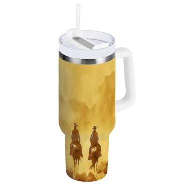 Imagem de xigua Copo vintage Western Cowboy de 850 g com tampa e canudo, aço inoxidável de vácuo duplo isolado garrafa de água esportiva suporte para copo de café de viagem à prova de vazamento para bebida