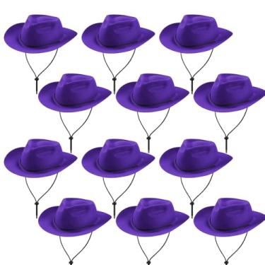 Imagem de Hicarer Conjunto de 12 peças de chapéu de cowboy de plástico descartável para festa de feltro de aba larga para homens e mulheres (roxo)