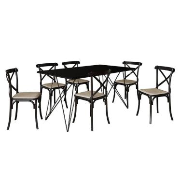 Imagem de Mesa De Jantar Industrial Com 6 Cadeiras Katrina Preto Trama Premium Preto 150 Cm - Cor: Preto