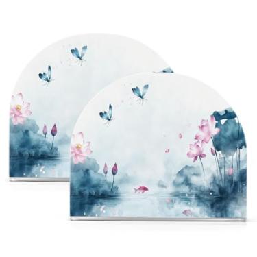 Imagem de Wassud Porta-guardanapos de acrílico de lótus em aquarela, dispensador de guardanapo de papel moderno em forma de U para mesa, cozinha, sala de jantar, bancada 2 peças (comporta 50-60 guardanapos)
