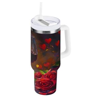 Imagem de STAYTOP Copo de Rosas Românticas e Vinho Tinto de 850 g com tampa e palha, copo isolado de aço inoxidável durável à prova de vazamento com alça, garrafas de água à prova de derramamento para viagens