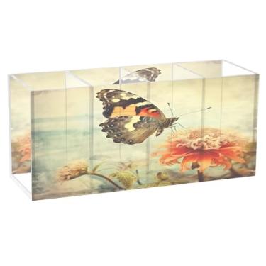 Imagem de Qilmy Lindo suporte de caneta de acrílico borboleta com 3 compartimentos, porta-lápis transparente para mesa, organizador de pincéis de maquiagem, copo organizador de lápis para escritório, material