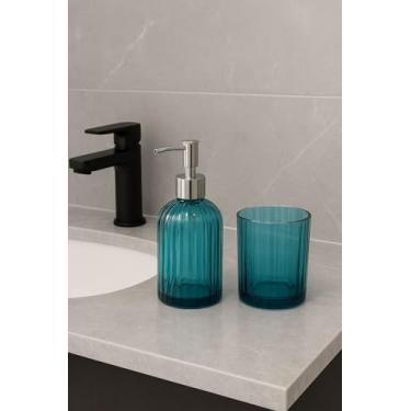 Imagem de Kit banheiro lavabo duas peças porta sabonete liquido e escova (Azul)