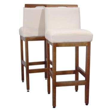 Imagem de Kit 2 Banqueta Alta Safira Para Cozinha De Madeira Maciça Eucalipto Estofada Tecido Linho (Linho Bege)