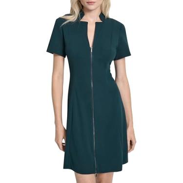 Imagem de DKNY Minivestido feminino de crepe de manga curta com decote em V e zíper frontal, Pinheiro, 38