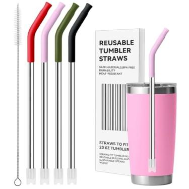 Imagem de Bluwing Canudos de aço inoxidável para copo YETI de 590 ml, 4 peças de canudos de metal reutilizáveis com ponta de silicone para copo Stanley de 590 ml e copos de vidro de 473 ml (cor 3)